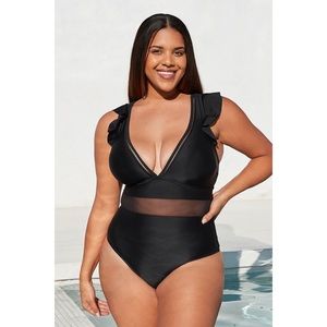 Black Ruffle Plunge V Neck One Piece Swimsuit Size 0X